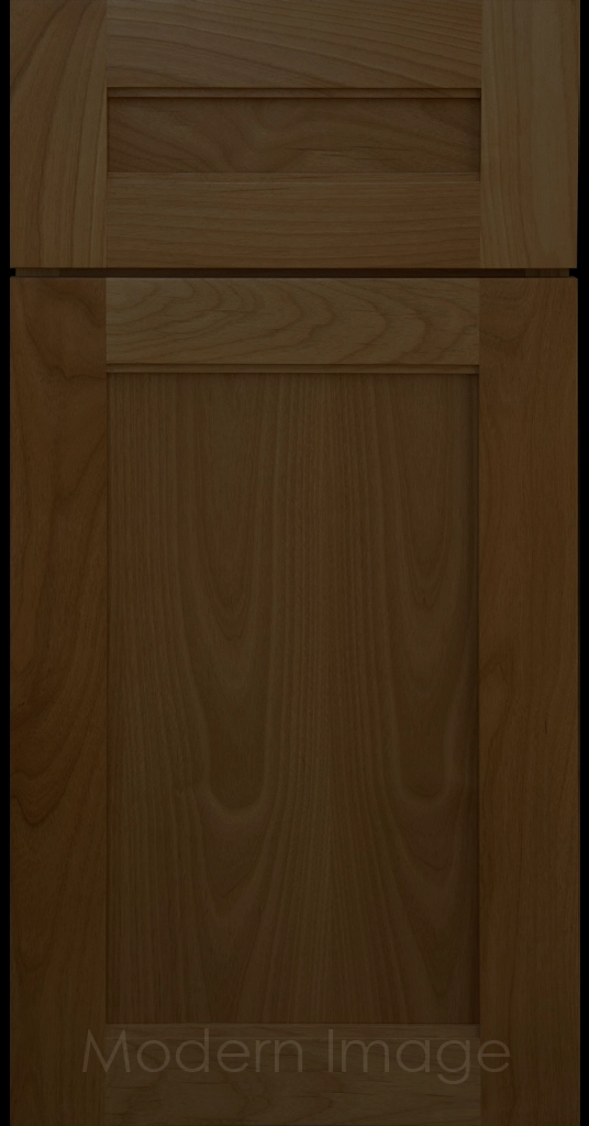 Destin shaker cabinet in Cognac Stain featuring ledge detail and vertical joints around a recessed center panel.